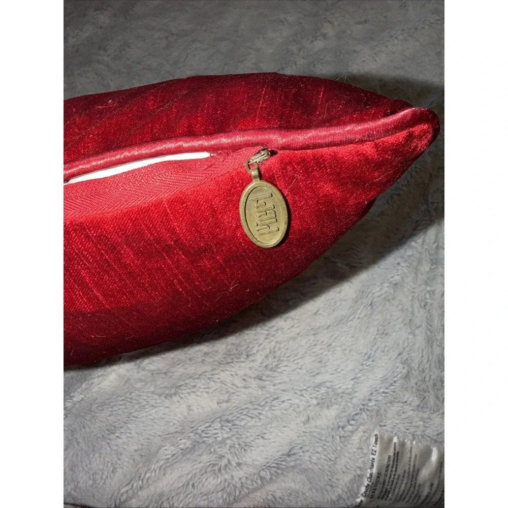Pier 1 Imports Red Velvet Throw Pillow Square Crimson Accent Brass Logo Zip